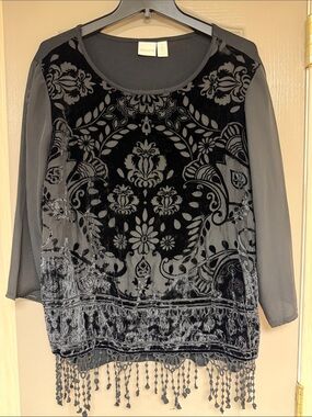 Chico's Black & Gray Velvet Burnout Tunic with Beaded Fringe
